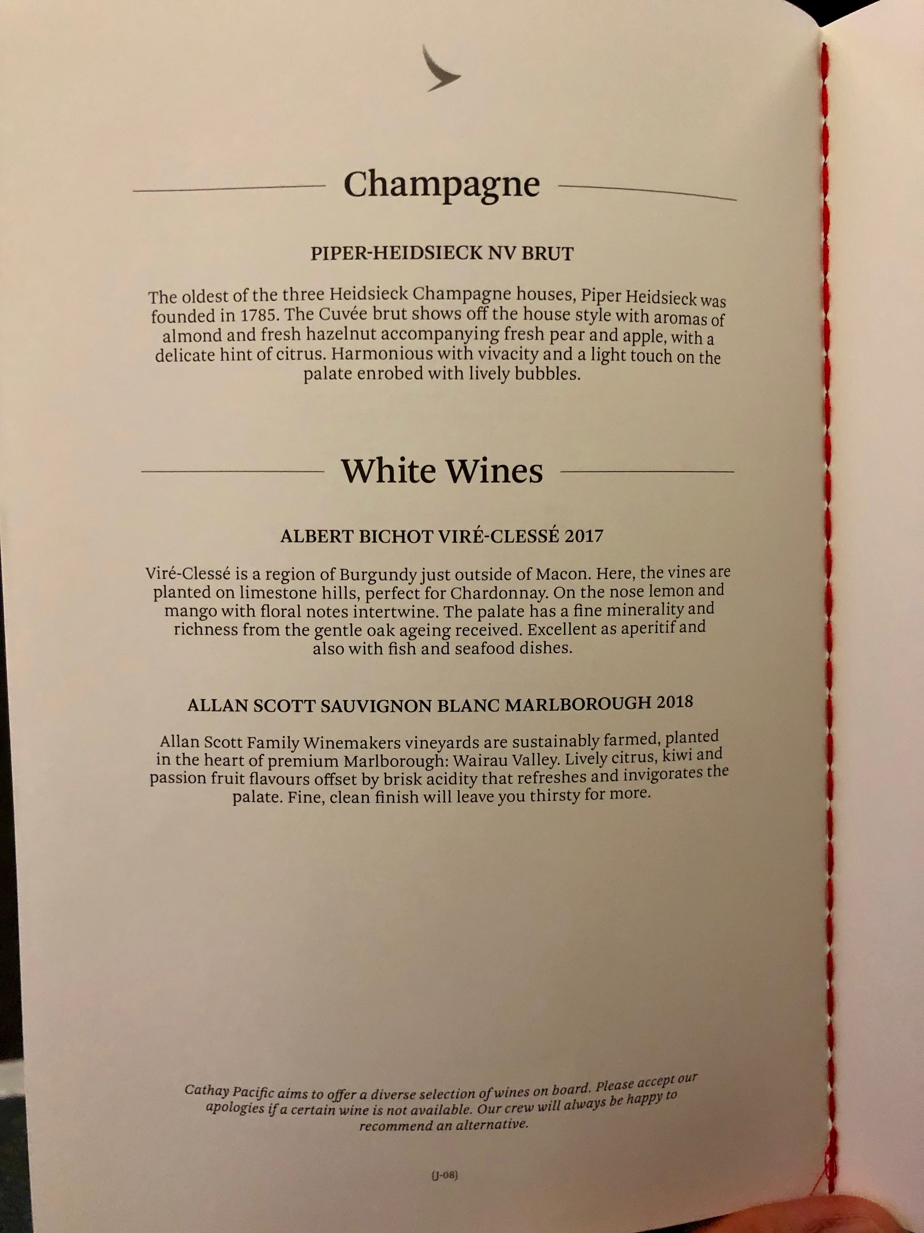 Cathay Pacific business class Champagne and white wine menu MLE-HKG
