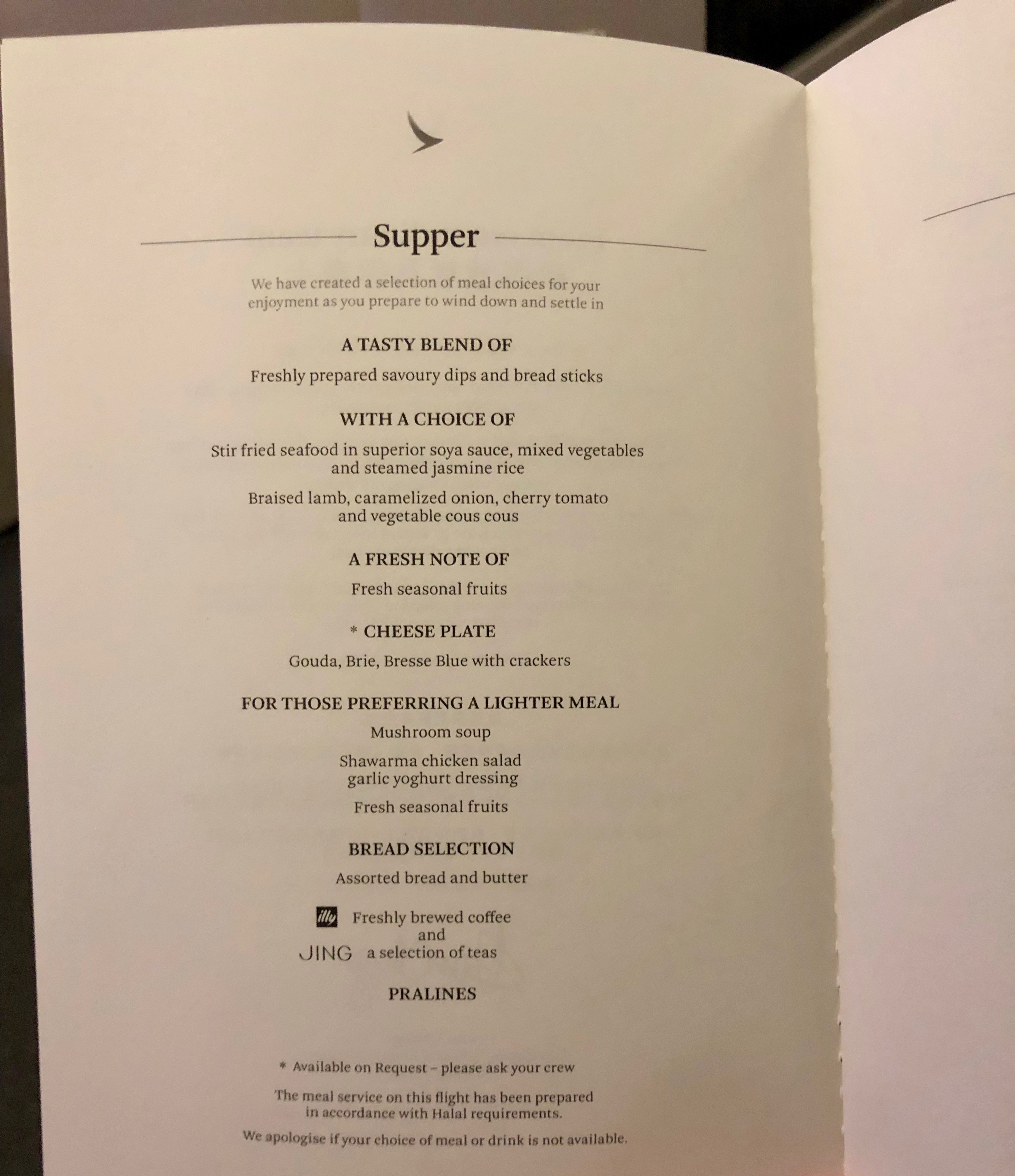 Cathay Pacific business class dinner menu MLE-HKG